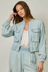 Tencel Gathered Sleeve Bomber Jacket in nLight Blue