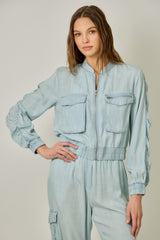 Tencel Gathered Sleeve Bomber Jacket in nLight Blue