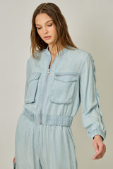 Tencel Gathered Sleeve Bomber Jacket in nLight Blue