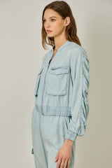 Tencel Gathered Sleeve Bomber Jacket in nLight Blue