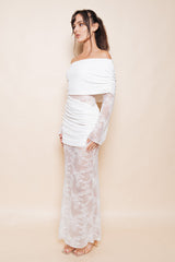 White Lace Contrast Ruch Long Sleeve Maxi Dress