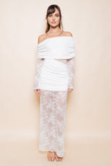 White Lace Contrast Ruch Long Sleeve Maxi Dress