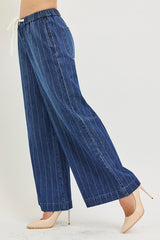 Slouchy Wide Stripe Jeans With Drawstring Waist