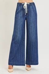 Slouchy Wide Stripe Jeans With Drawstring Waist