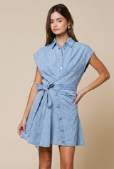 Denim Asymmetrical Button Down Front Tie Mini Dress
