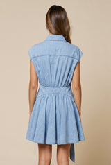Denim Asymmetrical Button Down Front Tie Mini Dress