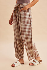 Mocha Soft Brushed Check Barrel Fit Utility Knit Pants