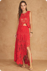 Asymmetric Scalloped Crochet Top And Skirt Set Red