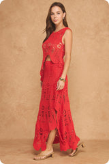 Asymmetric Scalloped Crochet Top And Skirt Set Red