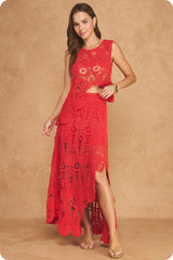 Asymmetric Scalloped Crochet Top And Skirt Set Red