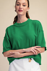 Green Relaxed Sweater Crew-neck Elbow-length Sleeves