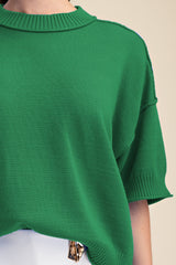 Green Relaxed Sweater Crew-neck Elbow-length Sleeves