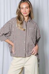 Playful Tiered Ruffle Hem Gingham Shirt Brown