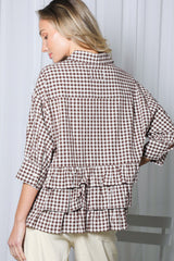Playful Tiered Ruffle Hem Gingham Shirt Brown