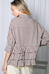 Playful Tiered Ruffle Hem Gingham Shirt Brown