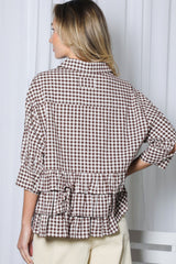 Playful Tiered Ruffle Hem Gingham Shirt Brown
