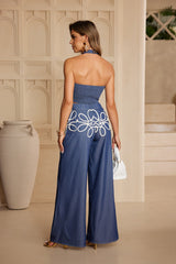 Coastal Bloom Embroidered Halter Pants Set