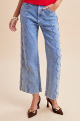 Comfort Stretch Scalloped Embroidery Wide Leg Denim Jean