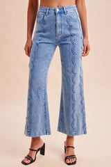 Comfort Stretch Scalloped Embroidery Wide Leg Denim Jean