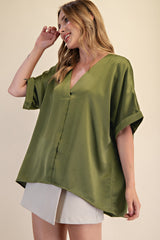Olive Pull Over Satin Blouse V-neck High Low