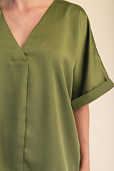 Olive Pull Over Satin Blouse V-neck High Low