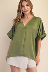 Olive Pull Over Satin Blouse V-neck High Low