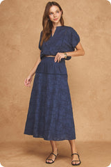 Navy Floral Embroidery Cotton Lace Trim Skirt Top Set