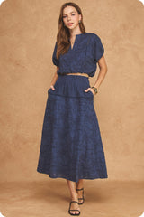 Navy Floral Embroidery Cotton Lace Trim Skirt Top Set