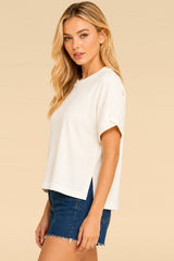 White Solid Rolled Sleeve Relaxed Fit Top