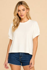 White Solid Rolled Sleeve Relaxed Fit Top
