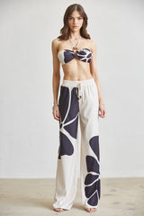 Floral Knot Top Pant 3-pc Set Black and Beige