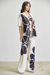 Floral Knot Top Pant 3-pc Set Black and Beige