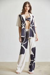 Floral Knot Top Pant 3-pc Set Black and Beige