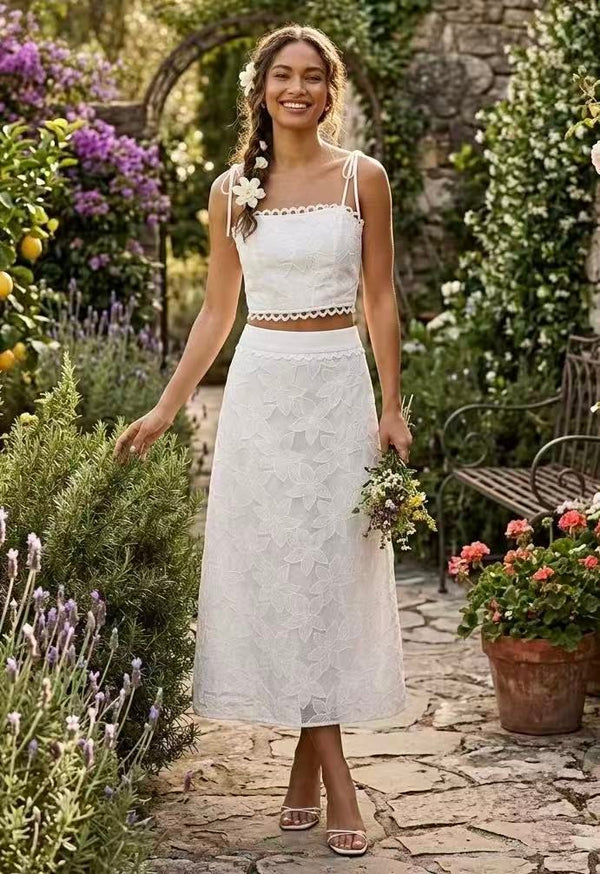 two piece lace dress set Spaghetti Straps Top And Skirt White Medium Red Carpet Lou & Grey Mini shopify-flow-out-of-stock Size:Custom Fit