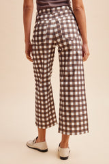 Brown Combo Comfort Stretch Gingham Check Wide- Leg Cropped Denim Pants