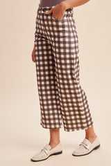 Brown Combo Comfort Stretch Gingham Check Wide- Leg Cropped Denim Pants