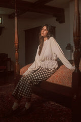 Brown Combo Comfort Stretch Gingham Check Wide- Leg Cropped Denim Pants