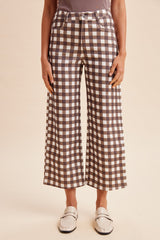 Brown Combo Comfort Stretch Gingham Check Wide- Leg Cropped Denim Pants