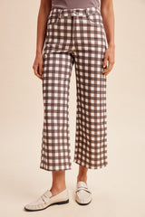 Brown Combo Comfort Stretch Gingham Check Wide- Leg Cropped Denim Pants