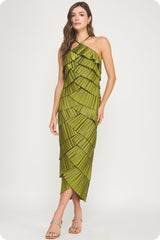 Pleated Satin Tiered Dress in Olive Citron