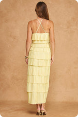 Pleated Satin Tiered Dress in Butter Yellow