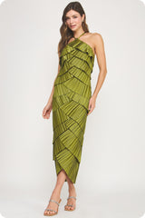 Pleated Satin Tiered Dress in Olive Citron