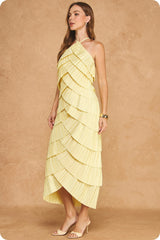 Pleated Satin Tiered Dress in Butter Yellow