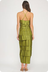 Pleated Satin Tiered Dress in Olive Citron