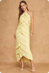 Pleated Satin Tiered Dress in Butter Yellow
