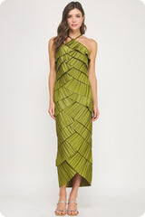 Pleated Satin Tiered Dress in Olive Citron