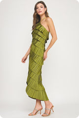 Pleated Satin Tiered Dress in Olive Citron