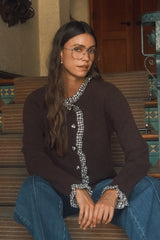 Brown Melange Wool Gingham Ruffle Cardigan
