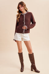 Brown Melange Wool Gingham Ruffle Cardigan