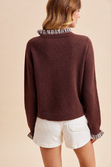 Brown Melange Wool Gingham Ruffle Cardigan